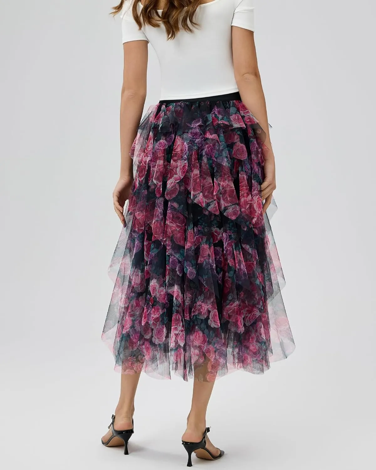 Womens Layered Ruffles Tulle Skirt Pleated High Waist Fluffy Maxi Skirt Fairy Cake Dress Long Tutu Party Skirt