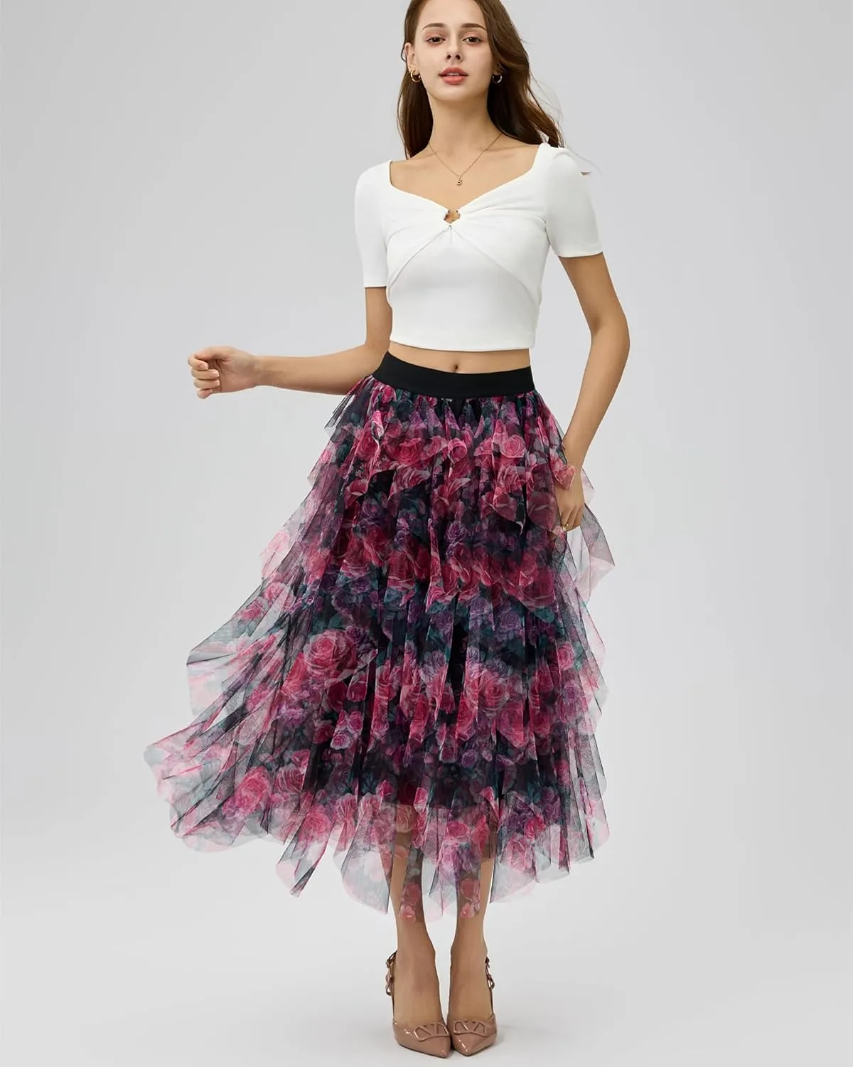Womens Layered Ruffles Tulle Skirt Pleated High Waist Fluffy Maxi Skirt Fairy Cake Dress Long Tutu Party Skirt