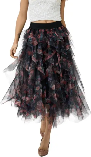 Womens Layered Ruffles Tulle Skirt Pleated High Waist Fluffy Maxi Skirt Fairy Cake Dress Long Tutu Party Skirt