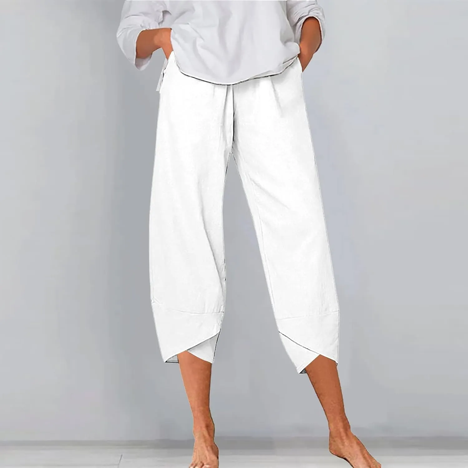 Women's Linen Blend Summer Comfy Pants Elastic Waisted Ankle Length Slim Fit Trouser Office