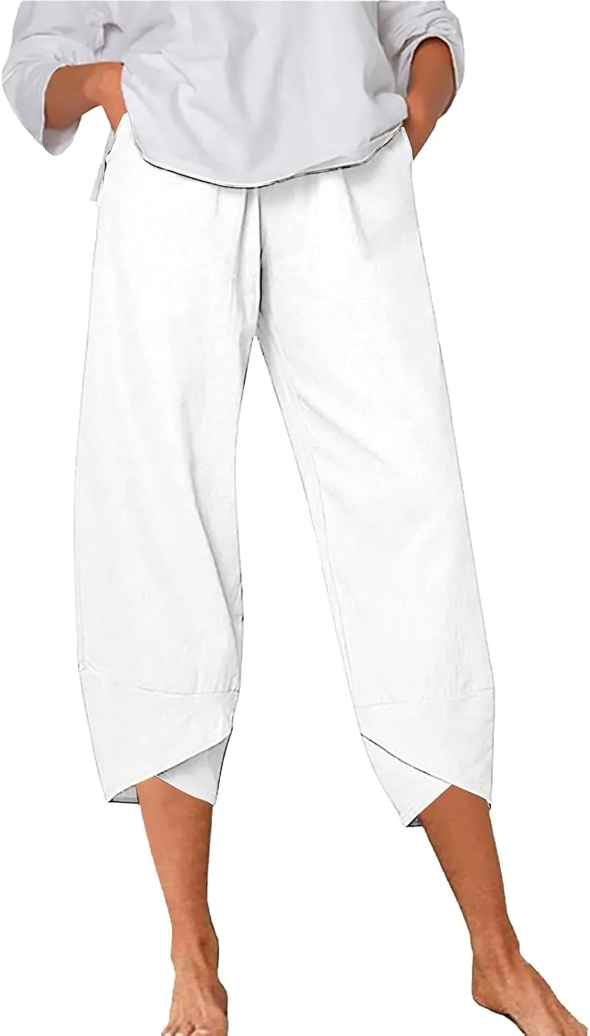 Women's Linen Blend Summer Comfy Pants Elastic Waisted Ankle Length Slim Fit Trouser Office