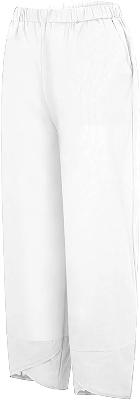 Women's Linen Blend Summer Comfy Pants Elastic Waisted Ankle Length Slim Fit Trouser Office