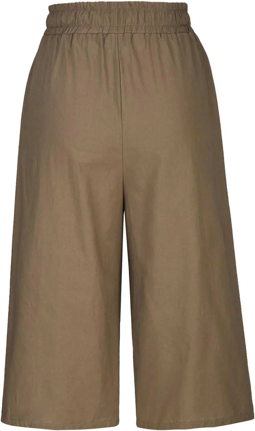 Women's Linen Capris Drawstring Knee High Loose Fitting Cropped Trouser Straight Wide Leg Pocketed Pant Casual 2025