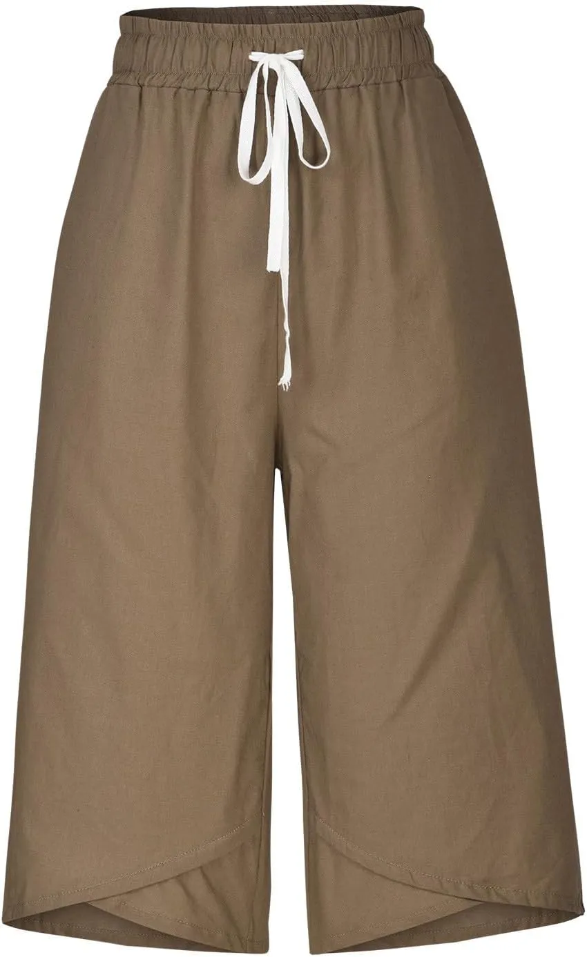 Women's Linen Capris Drawstring Knee High Loose Fitting Cropped Trouser Straight Wide Leg Pocketed Pant Casual 2025