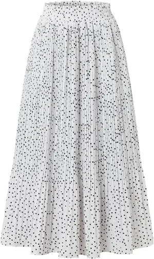 Womens Midi Skirts High Waisted Polka Dot Pleated A-Line Swing Skirts Summer Fall Long Skirts with Pockets
