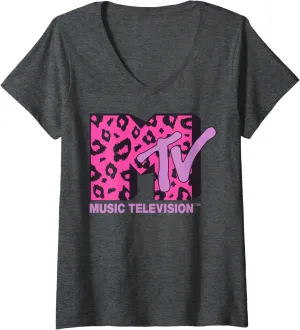 Womens MTV Logo Pink Leopard Print V-Neck T-Shirt