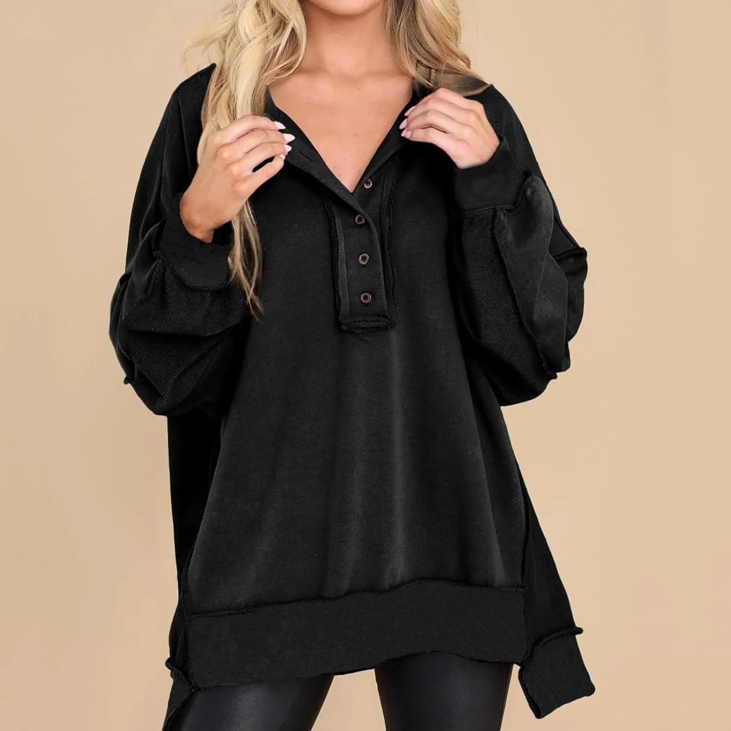 Womens Oversized Sweatshirt Casual Long Sleeve Shirts Button Henley Neck Pullover Patchwork Tunic Tops Fall Outfits