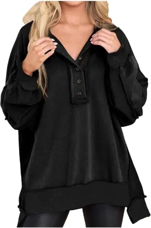 Womens Oversized Sweatshirt Casual Long Sleeve Shirts Button Henley Neck Pullover Patchwork Tunic Tops Fall Outfits