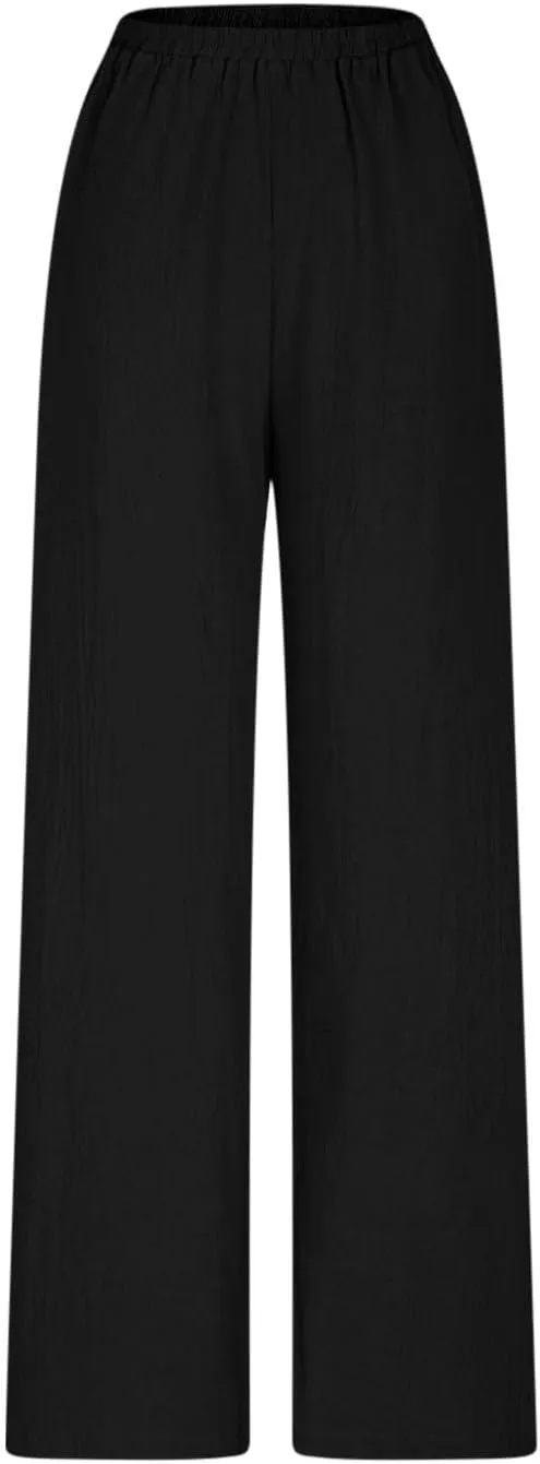 Womens Pants Dressy Casual Elastic Waist Cotton Linen Wide Leg Boho Cropped Trouser Lightweight Pants with Pocket Red L