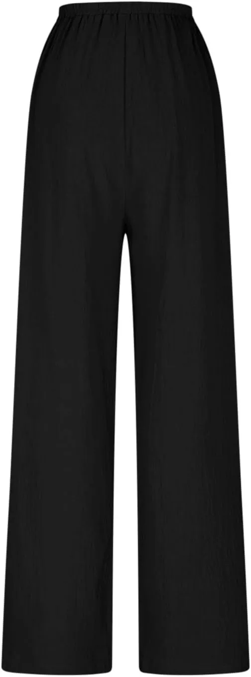 Womens Pants Dressy Casual Elastic Waist Cotton Linen Wide Leg Boho Cropped Trouser Lightweight Pants with Pocket Red L