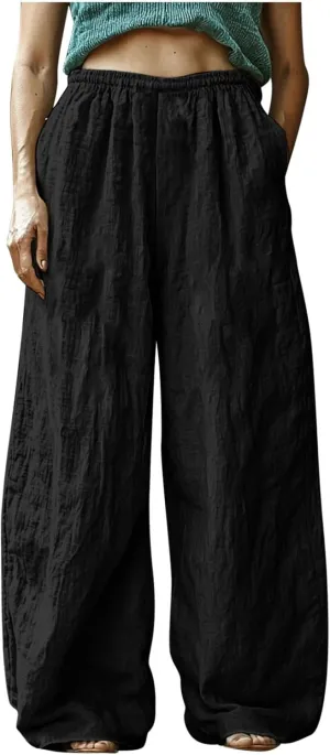 Womens Pants Dressy Casual Elastic Waist Cotton Linen Wide Leg Boho Cropped Trouser Lightweight Pants with Pocket Red L