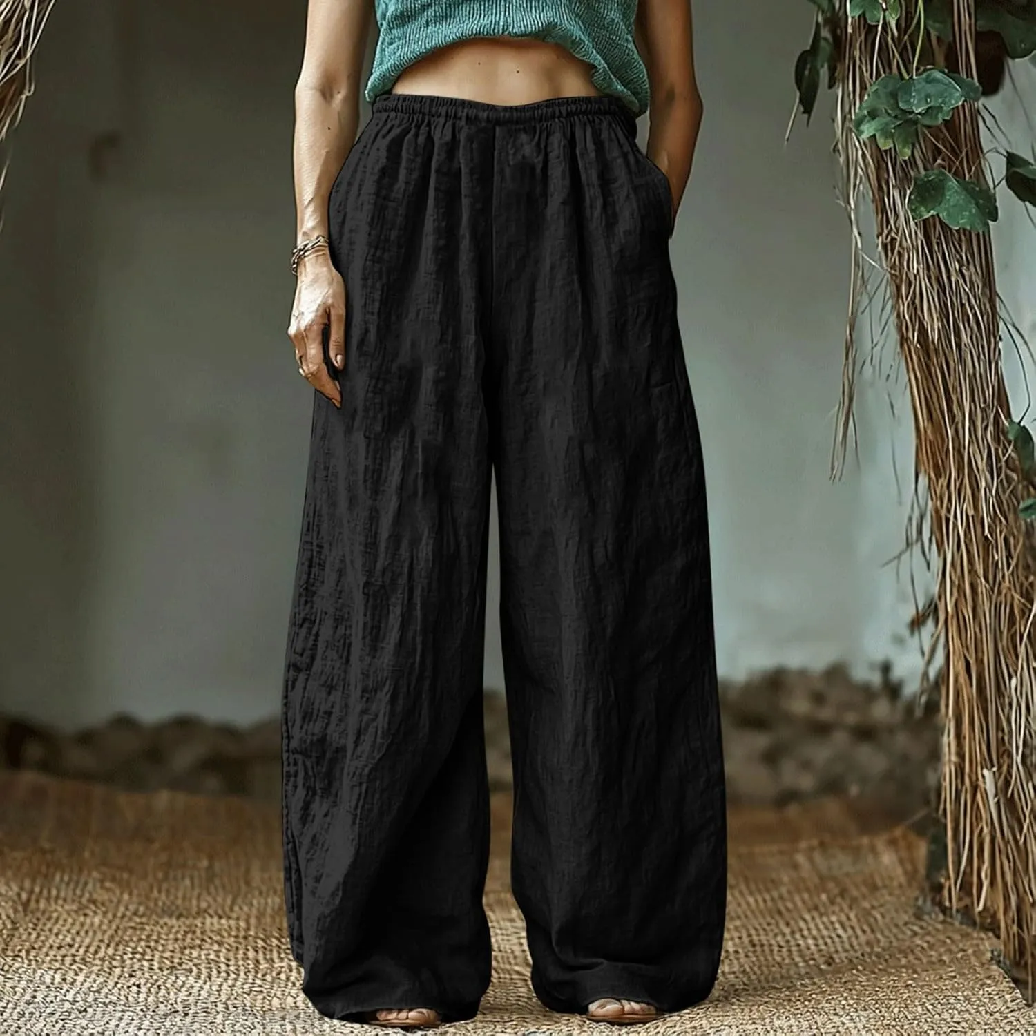 Womens Pants Dressy Casual Elastic Waist Cotton Linen Wide Leg Boho Cropped Trouser Lightweight Pants with Pocket Red L