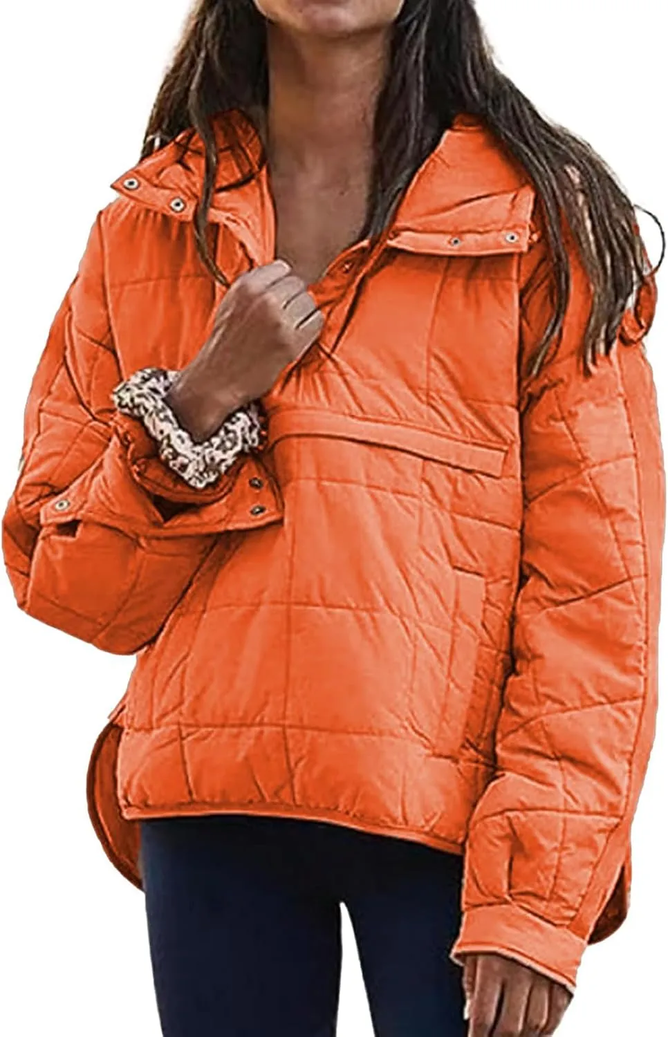 Womens Pullover Puffer Jacket Long Sleeve Oversized Quilted Hoodies Solid Color Hooded Sweatshirt Tops Fall Cozy Coats