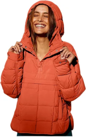 Womens Pullover Puffer Jacket Long Sleeve Oversized Quilted Hoodies Solid Color Hooded Sweatshirt Tops Fall Cozy Coats