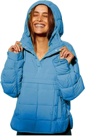 Womens Pullover Puffer Jacket Long Sleeve Oversized Quilted Hoodies Solid Color Hooded Sweatshirt Tops Fall Cozy Coats