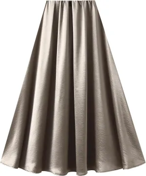 Women's Satin Flare Maxi Skirt Elastic High Waist Silk Long Skirts Luxury A-Line Flowy Midi Skirts