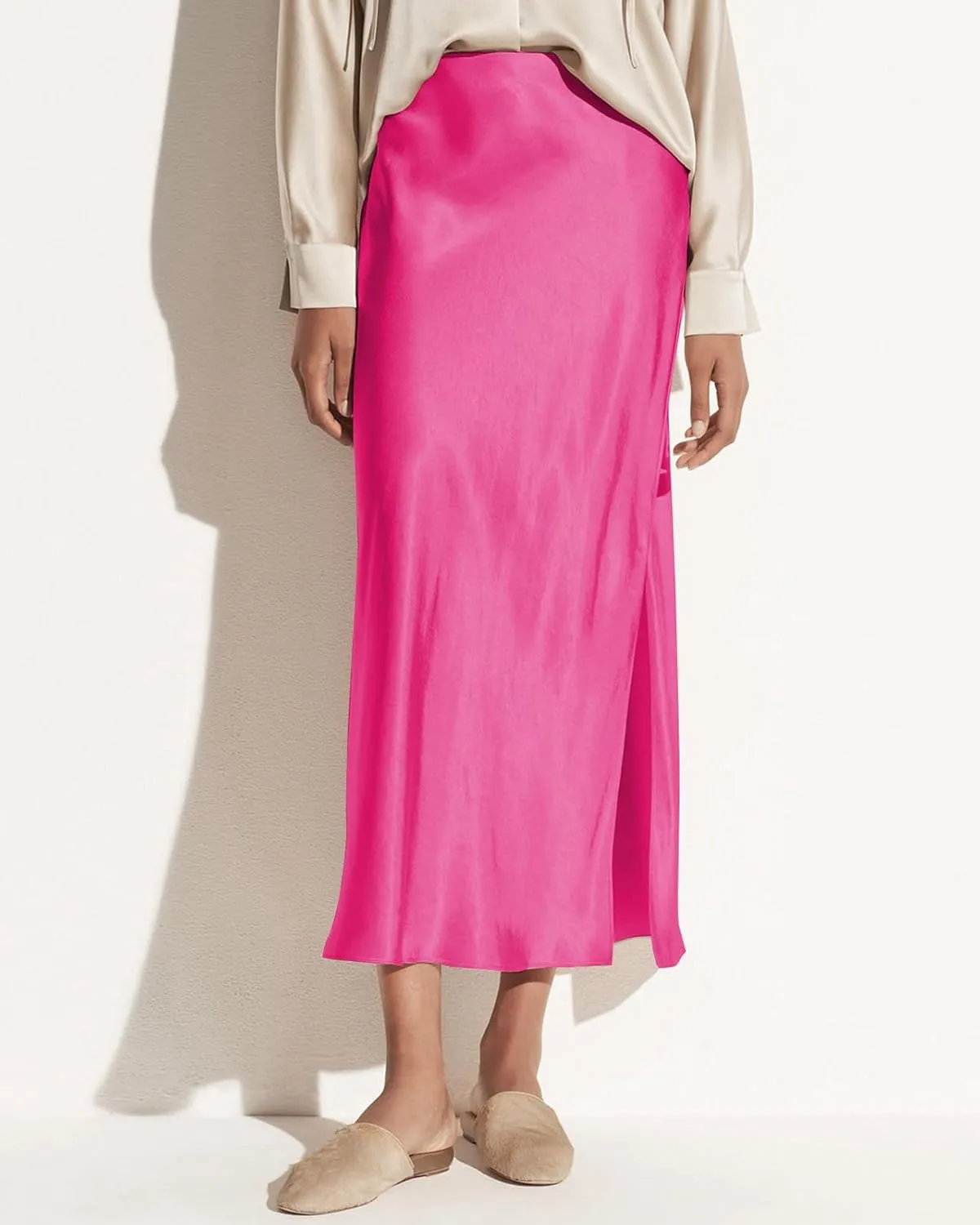 Women's Satin High Waisted Side Split Maxi Skirt Elastic Waistband Elegant Work Skirts Party A-Line Skirts