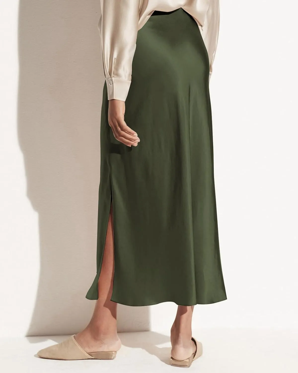 Women's Satin High Waisted Side Split Maxi Skirt Elastic Waistband Elegant Work Skirts Party A-Line Skirts