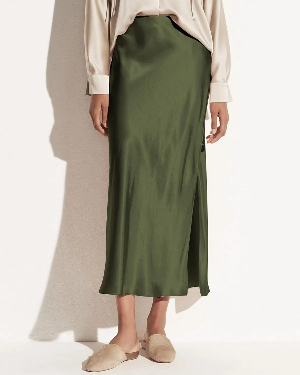 Women's Satin High Waisted Side Split Maxi Skirt Elastic Waistband Elegant Work Skirts Party A-Line Skirts