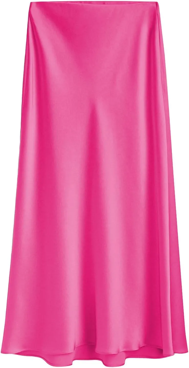 Women's Satin High Waisted Side Split Maxi Skirt Elastic Waistband Elegant Work Skirts Party A-Line Skirts