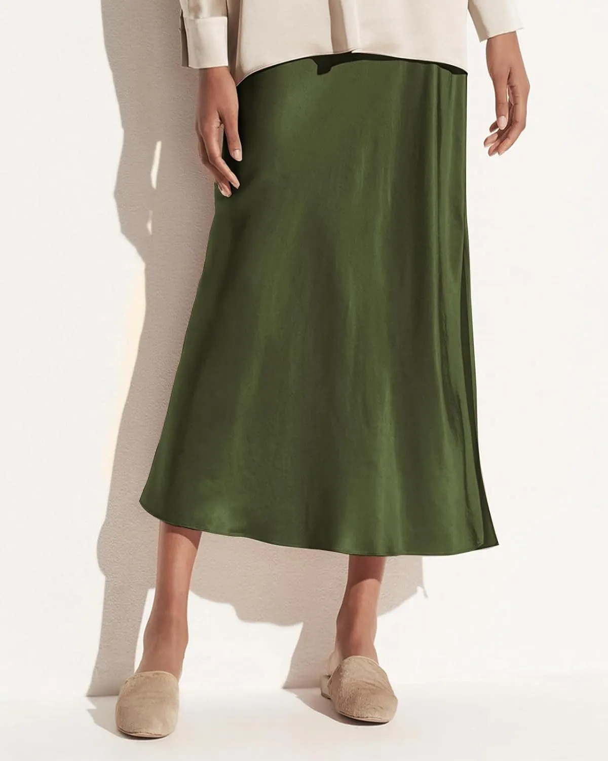 Women's Satin High Waisted Side Split Maxi Skirt Elastic Waistband Elegant Work Skirts Party A-Line Skirts