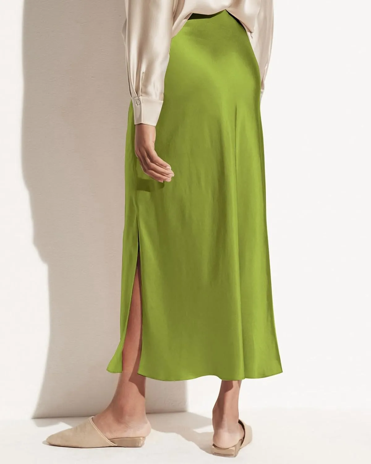 Women's Satin High Waisted Side Split Maxi Skirt Elastic Waistband Elegant Work Skirts Party A-Line Skirts