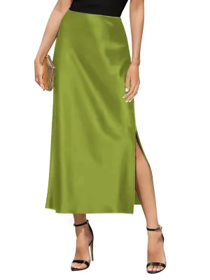 Women's Satin High Waisted Side Split Maxi Skirt Elastic Waistband Elegant Work Skirts Party A-Line Skirts