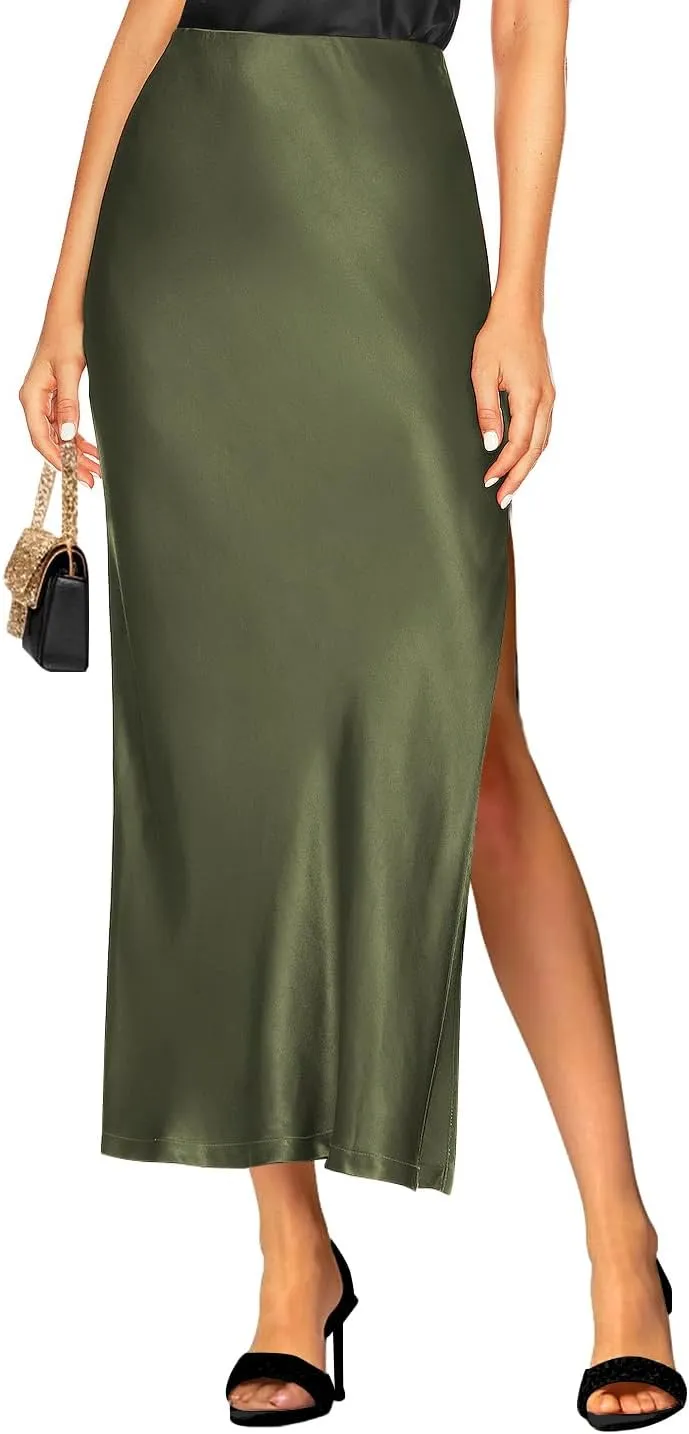 Women's Satin High Waisted Side Split Maxi Skirt Elastic Waistband Elegant Work Skirts Party A-Line Skirts