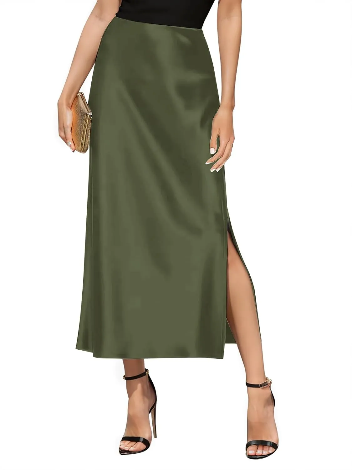 Women's Satin High Waisted Side Split Maxi Skirt Elastic Waistband Elegant Work Skirts Party A-Line Skirts
