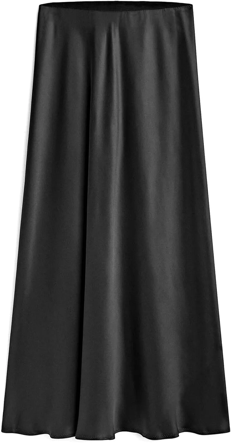 Women's Satin High Waisted Side Split Maxi Skirt Elastic Waistband Elegant Work Skirts Party A-Line Skirts