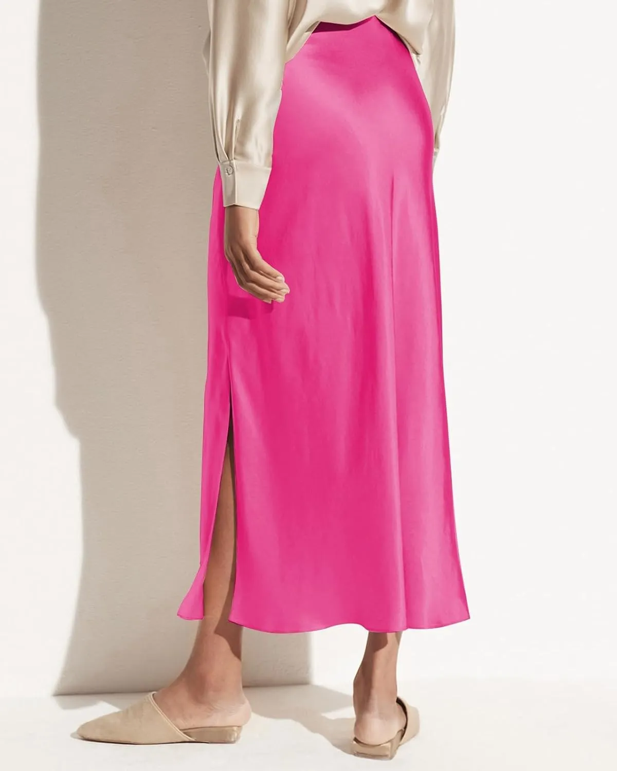 Women's Satin High Waisted Side Split Maxi Skirt Elastic Waistband Elegant Work Skirts Party A-Line Skirts