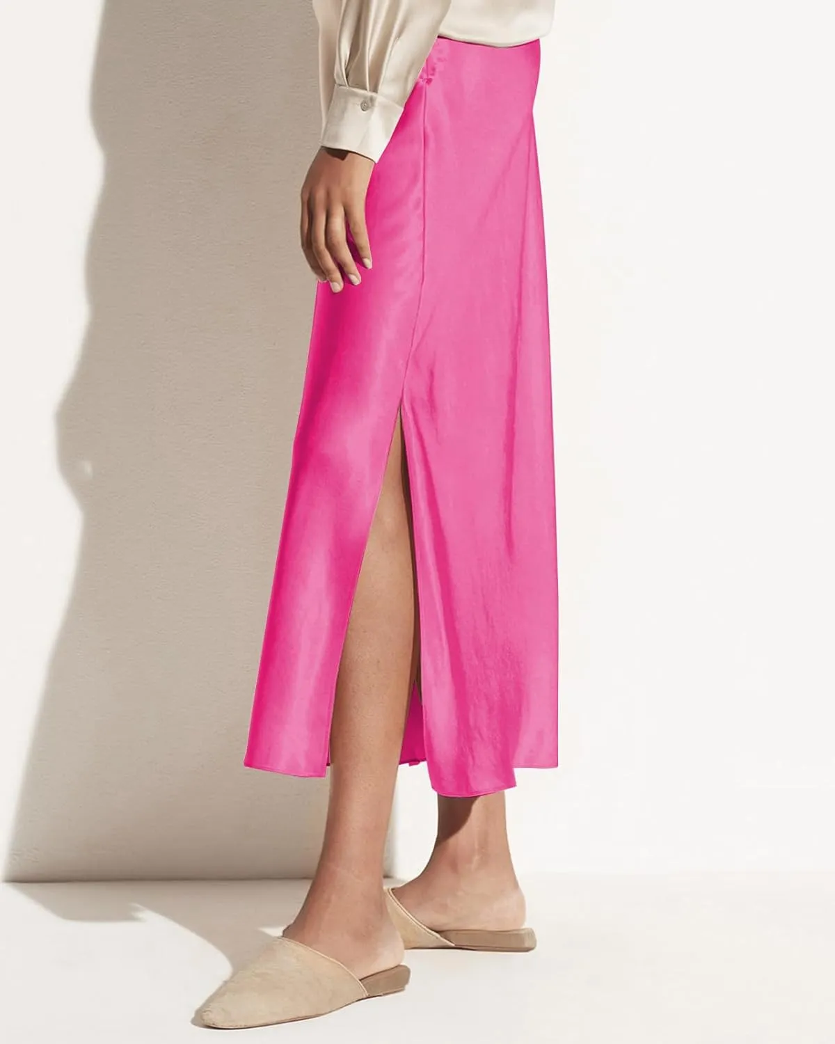 Women's Satin High Waisted Side Split Maxi Skirt Elastic Waistband Elegant Work Skirts Party A-Line Skirts