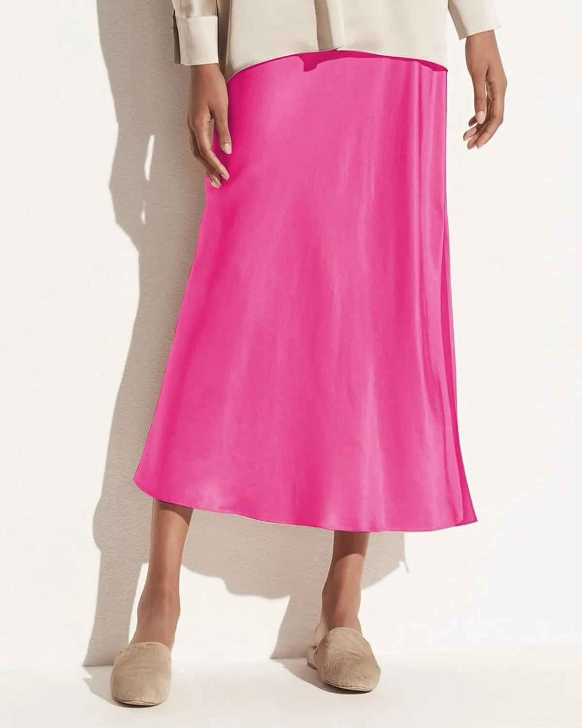 Women's Satin High Waisted Side Split Maxi Skirt Elastic Waistband Elegant Work Skirts Party A-Line Skirts