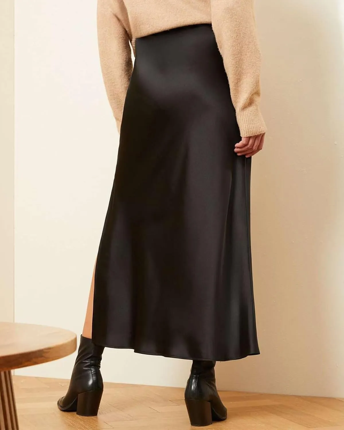 Women's Satin High Waisted Side Split Maxi Skirt Elastic Waistband Elegant Work Skirts Party A-Line Skirts