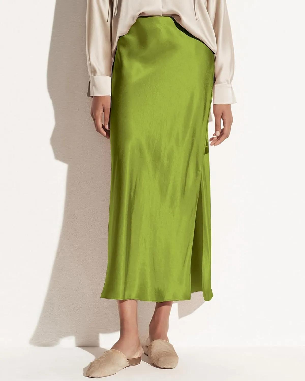 Women's Satin High Waisted Side Split Maxi Skirt Elastic Waistband Elegant Work Skirts Party A-Line Skirts