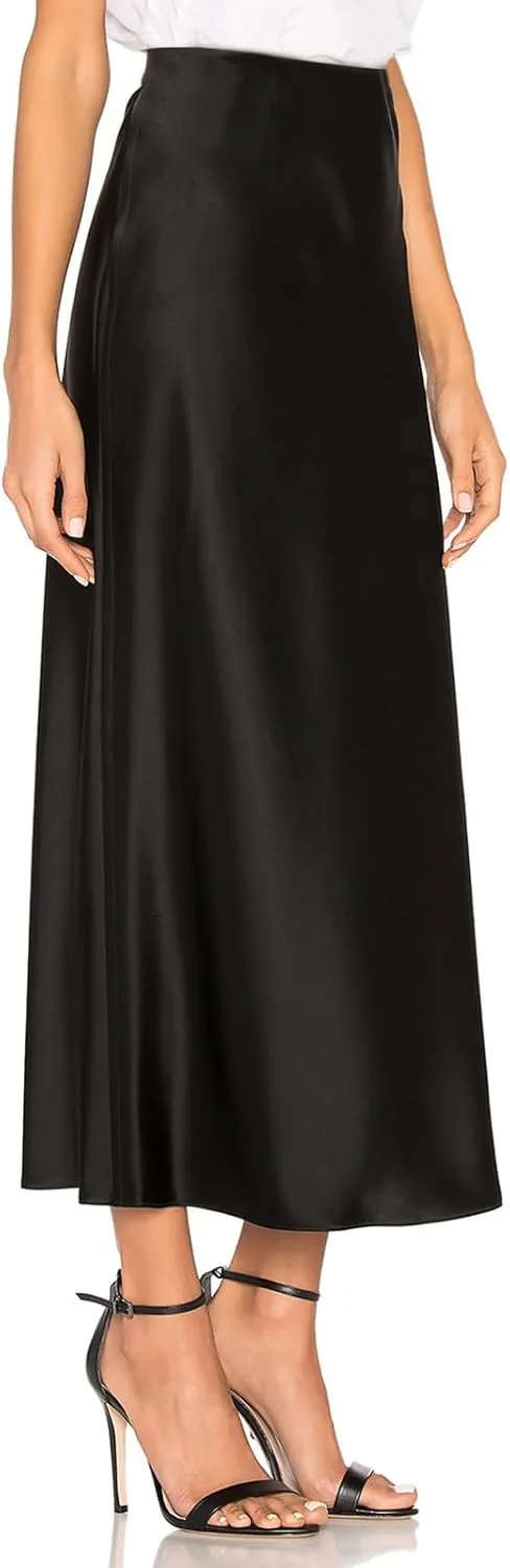 Women's Satin High Waisted Side Split Maxi Skirt Elastic Waistband Elegant Work Skirts Party A-Line Skirts