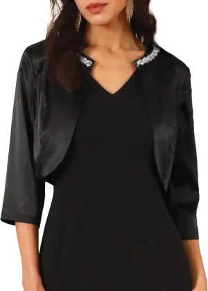 Women's Satin Shrugs 3/4 Sleeve Open Front Elegant Cropped Bolero Cardigans