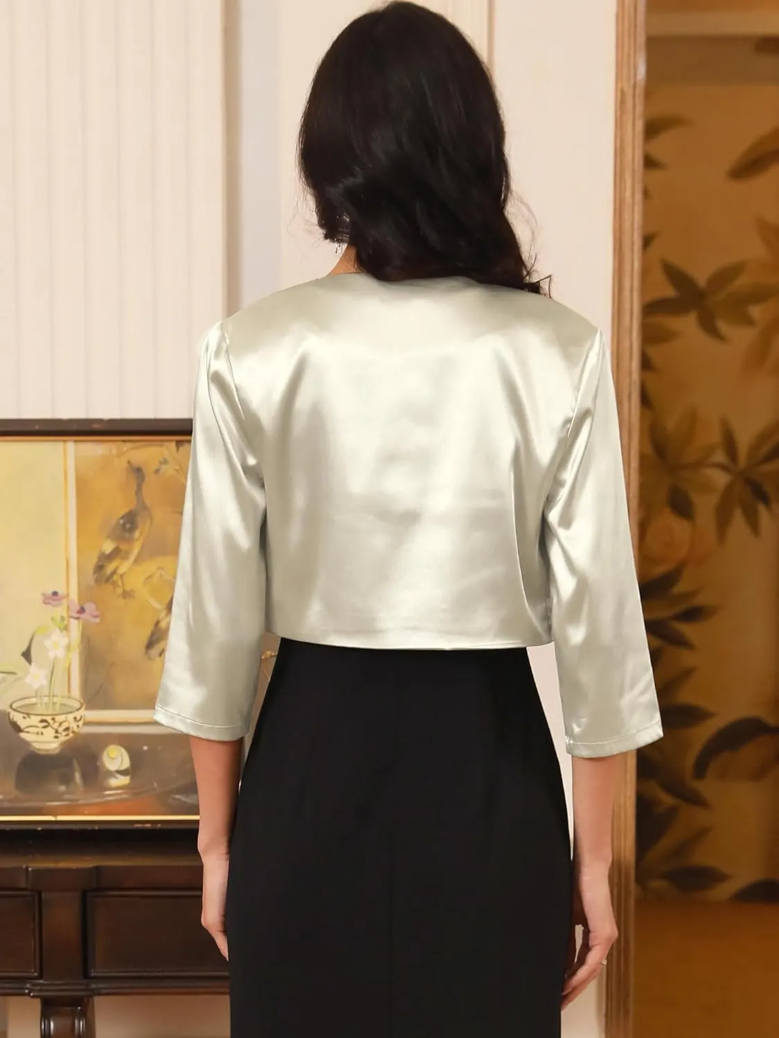 Women's Satin Shrugs 3/4 Sleeve Open Front Elegant Cropped Bolero Cardigans