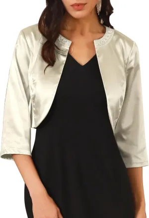 Women's Satin Shrugs 3/4 Sleeve Open Front Elegant Cropped Bolero Cardigans