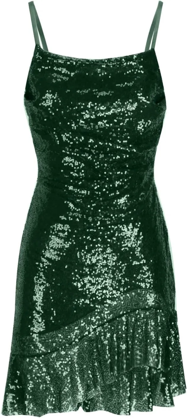 Women's Sexy Sparkly Sequin Mini Dress Square Neck Ruffle Bodycon Spaghetti Straps Cocktail Party Night Club Dress