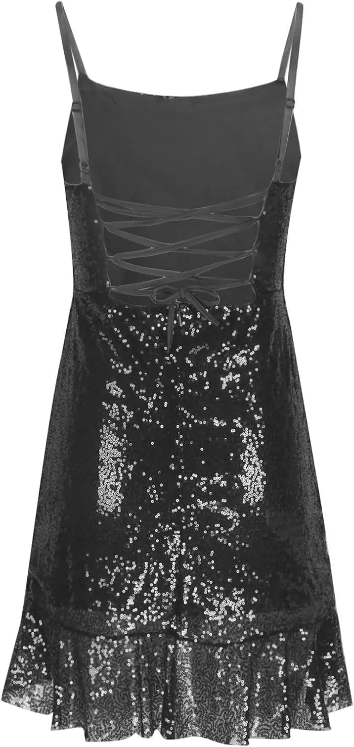 Women's Sexy Sparkly Sequin Mini Dress Square Neck Ruffle Bodycon Spaghetti Straps Cocktail Party Night Club Dress