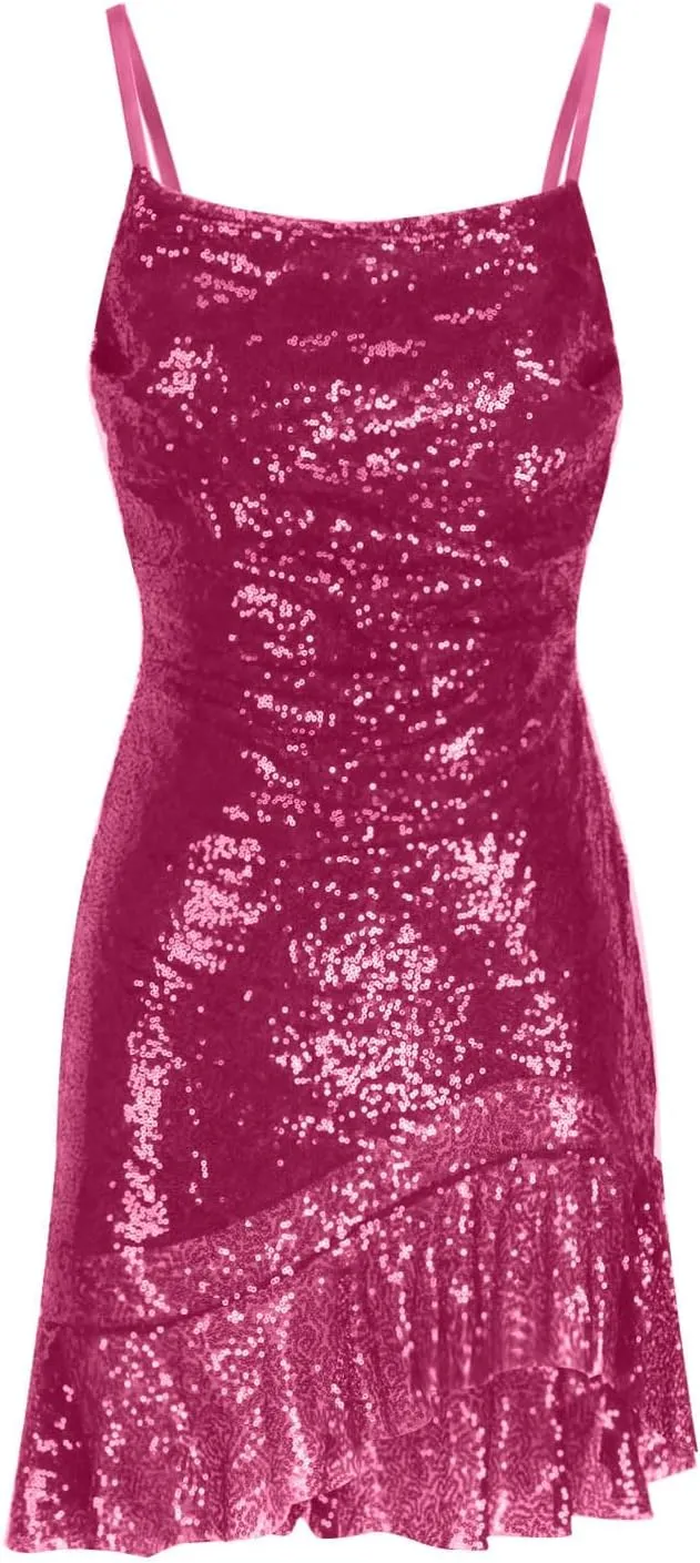 Women's Sexy Sparkly Sequin Mini Dress Square Neck Ruffle Bodycon Spaghetti Straps Cocktail Party Night Club Dress