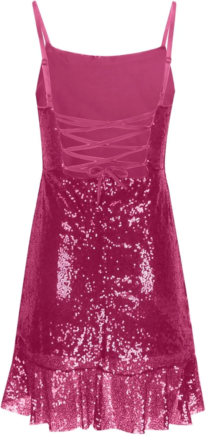 Women's Sexy Sparkly Sequin Mini Dress Square Neck Ruffle Bodycon Spaghetti Straps Cocktail Party Night Club Dress