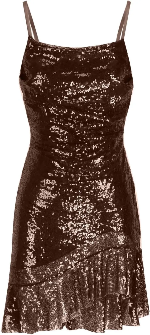 Women's Sexy Sparkly Sequin Mini Dress Square Neck Ruffle Bodycon Spaghetti Straps Cocktail Party Night Club Dress