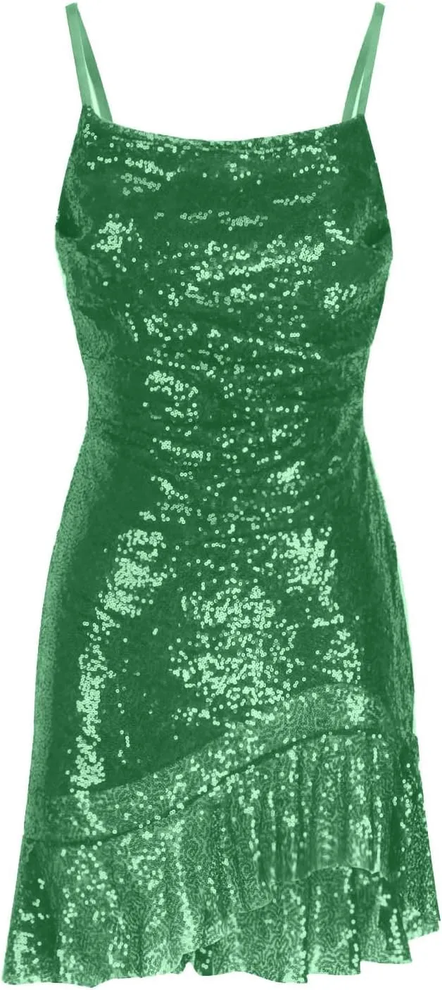 Women's Sexy Sparkly Sequin Mini Dress Square Neck Ruffle Bodycon Spaghetti Straps Cocktail Party Night Club Dress