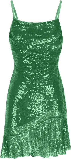 Women's Sexy Sparkly Sequin Mini Dress Square Neck Ruffle Bodycon Spaghetti Straps Cocktail Party Night Club Dress