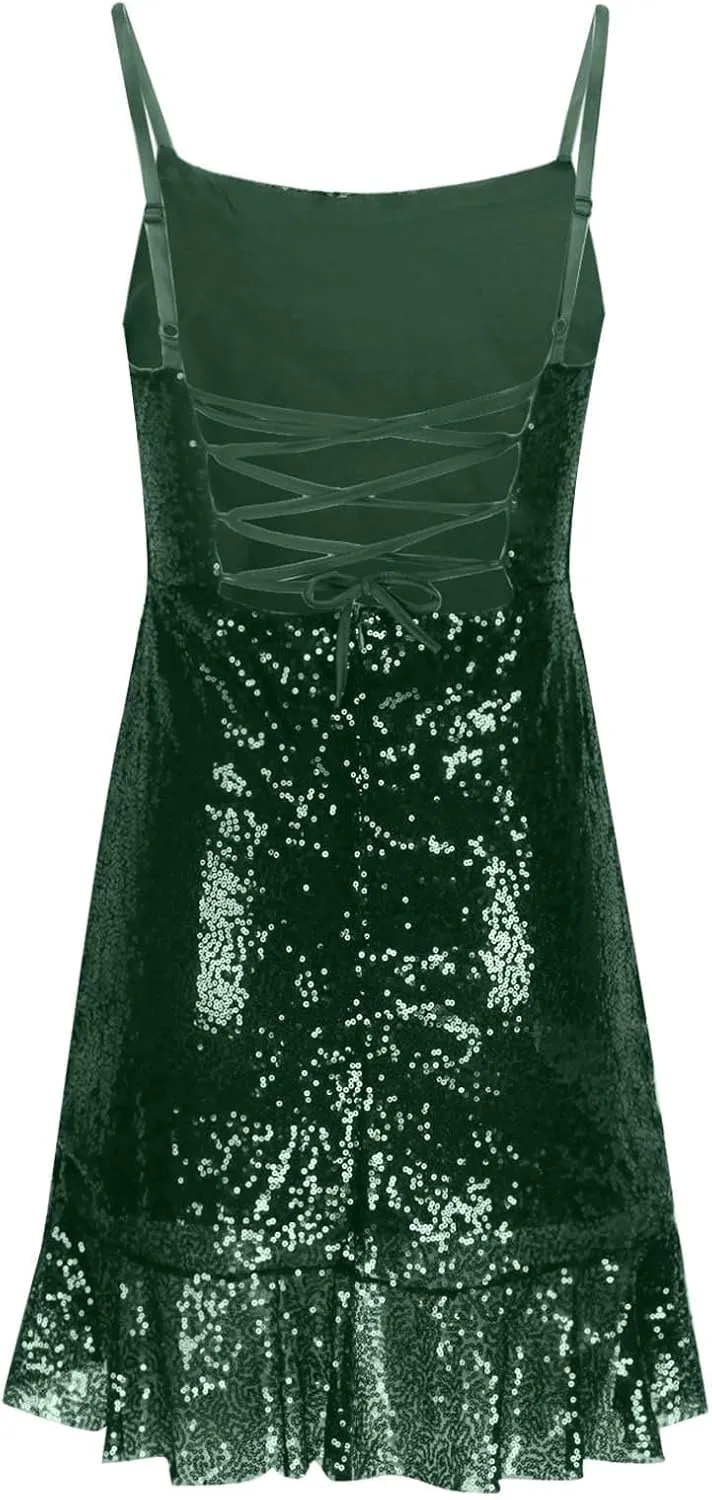 Women's Sexy Sparkly Sequin Mini Dress Square Neck Ruffle Bodycon Spaghetti Straps Cocktail Party Night Club Dress