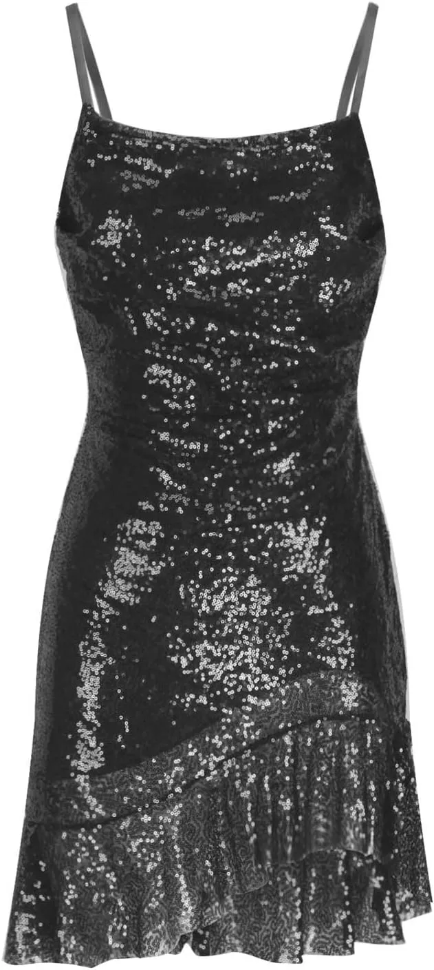 Women's Sexy Sparkly Sequin Mini Dress Square Neck Ruffle Bodycon Spaghetti Straps Cocktail Party Night Club Dress