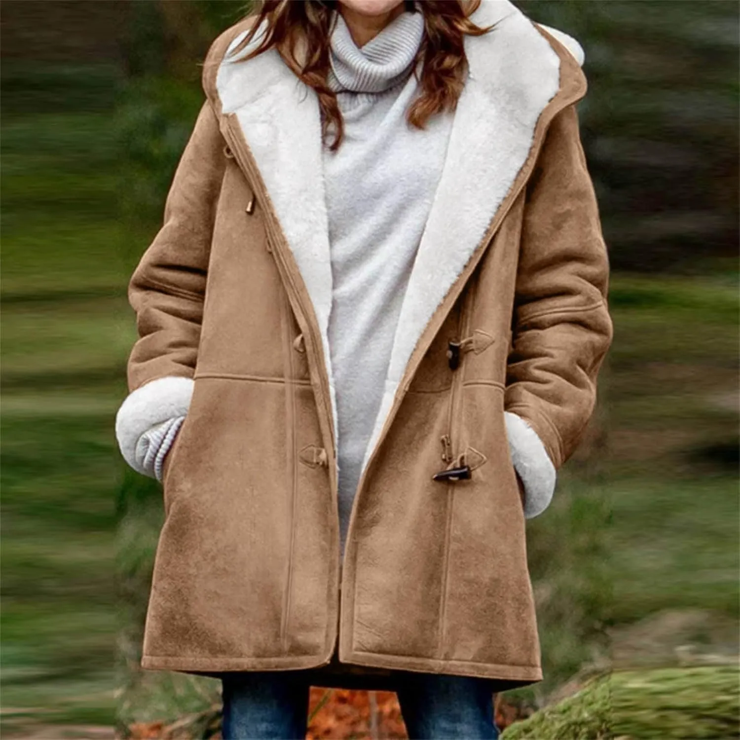 Womens Sherpa Lined Jackets Fashion Winter Fuzzy Fleece Hoodie Sweatshirt Casual Soft Cozy Horn Button Down Coats