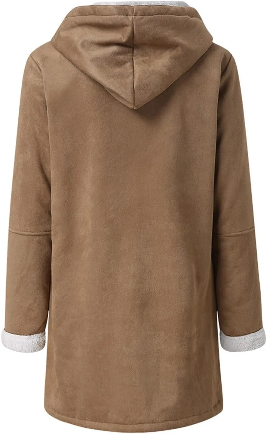Womens Sherpa Lined Jackets Fashion Winter Fuzzy Fleece Hoodie Sweatshirt Casual Soft Cozy Horn Button Down Coats